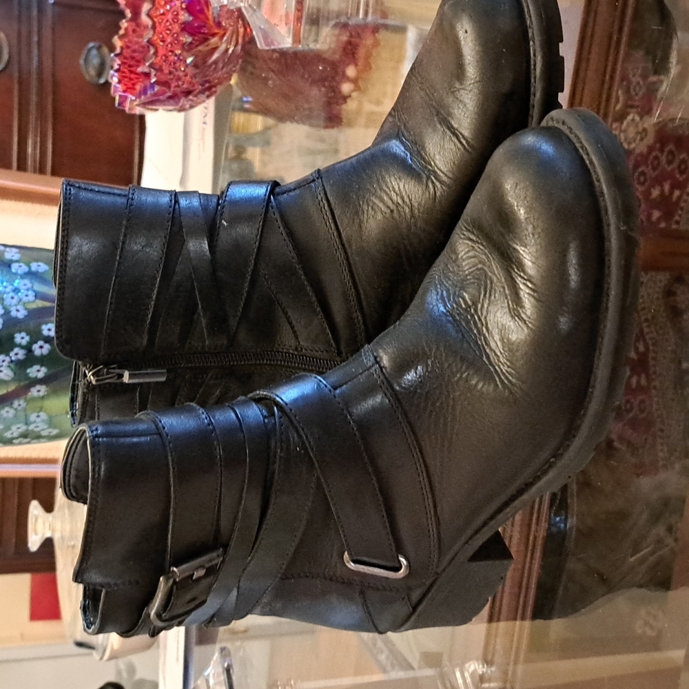 Ankle boots, motocyle style. Leather. Excellent condition. Light wear.